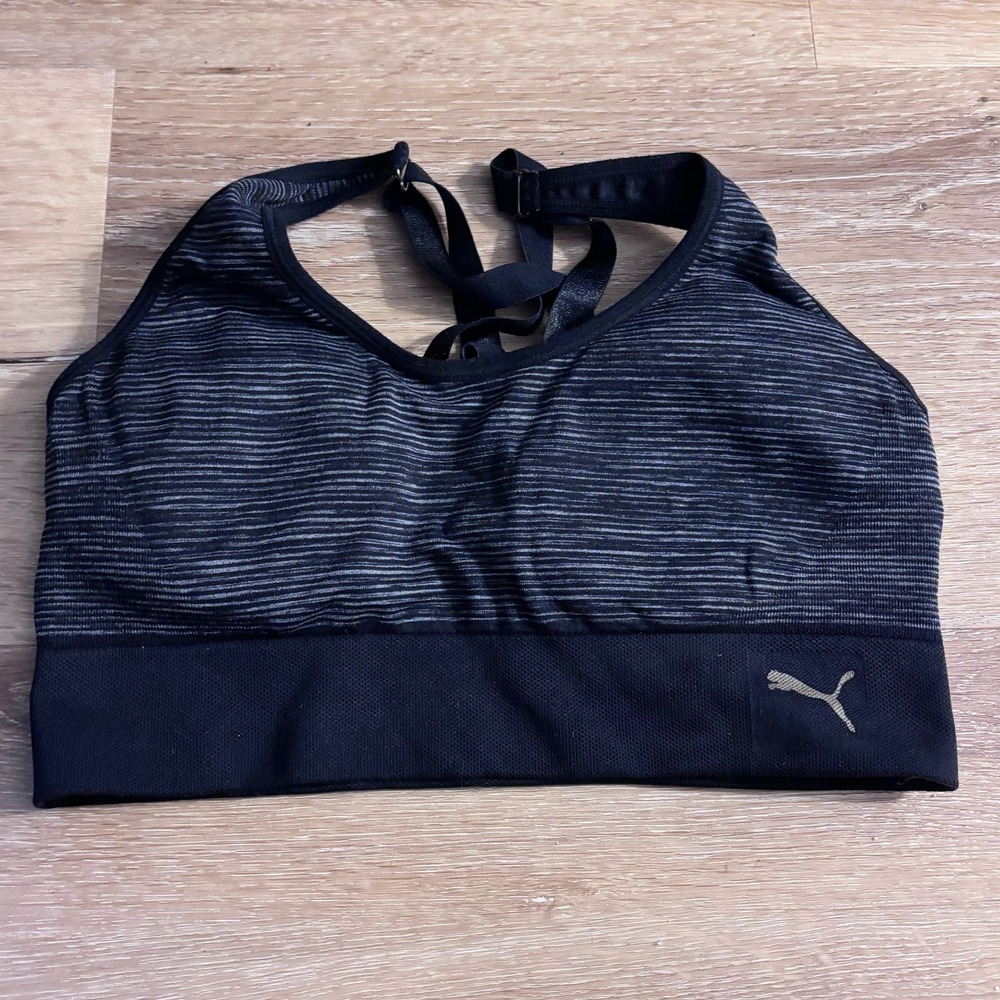 Puma Womens Sports Bra Medium Black Grey Space Dye Strappy Adjustable Yoga Gym